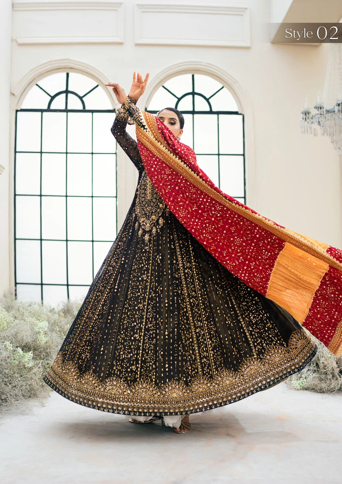 Luxury black chiffon outfit with antique gold embroidery, beadwork, sequins, and a scarlet silk shawl. Includes Angrakha or Kalidar styles options