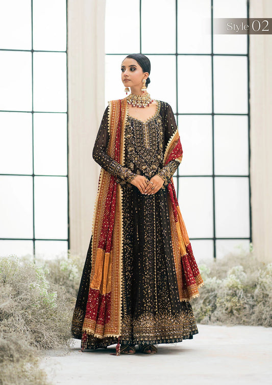 Luxury black chiffon outfit with antique gold embroidery, beadwork, sequins, and a scarlet silk shawl. Includes Angrakha or Kalidar styles options