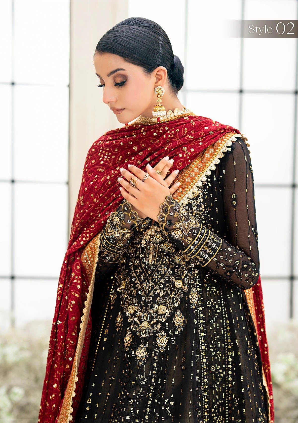 Luxury black chiffon outfit with antique gold embroidery, beadwork, sequins, and a scarlet silk shawl. Includes Angrakha or Kalidar styles options
