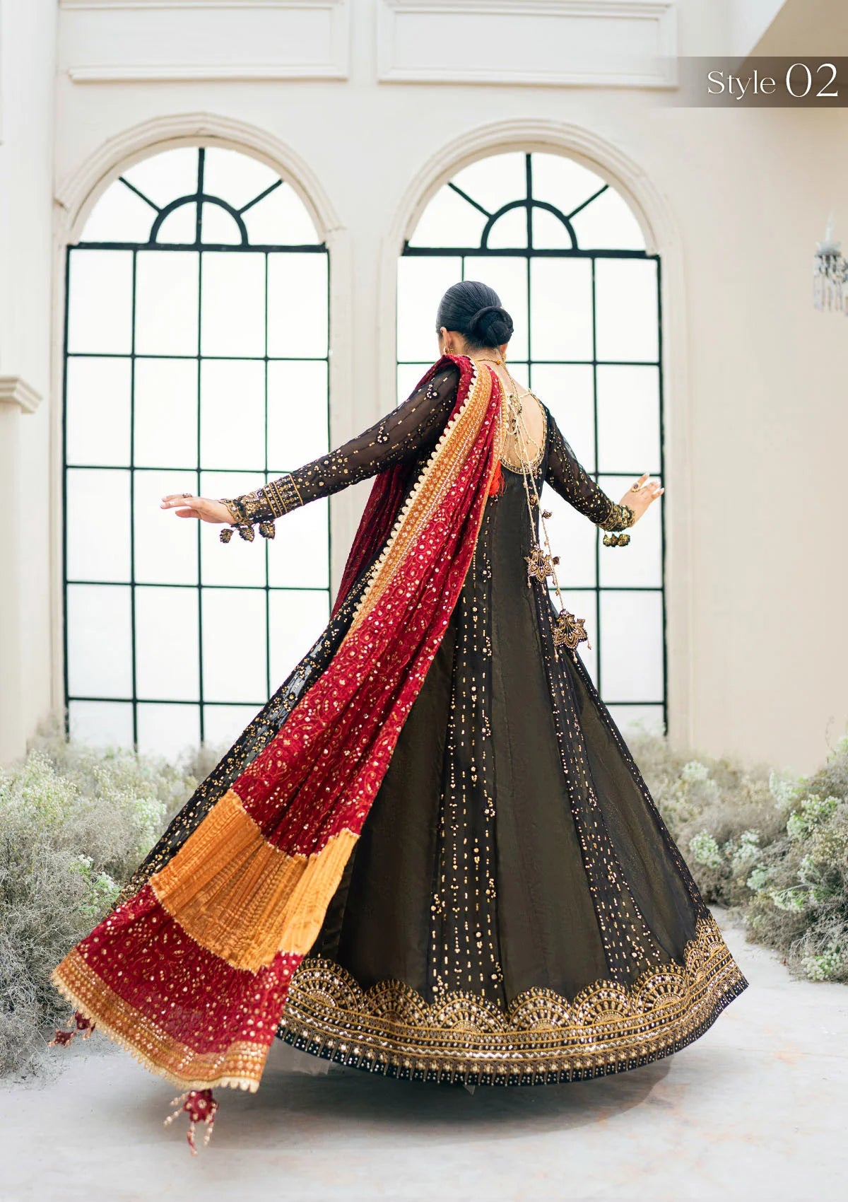 Luxury black chiffon outfit with antique gold embroidery, beadwork, sequins, and a scarlet silk shawl. Includes Angrakha or Kalidar styles options