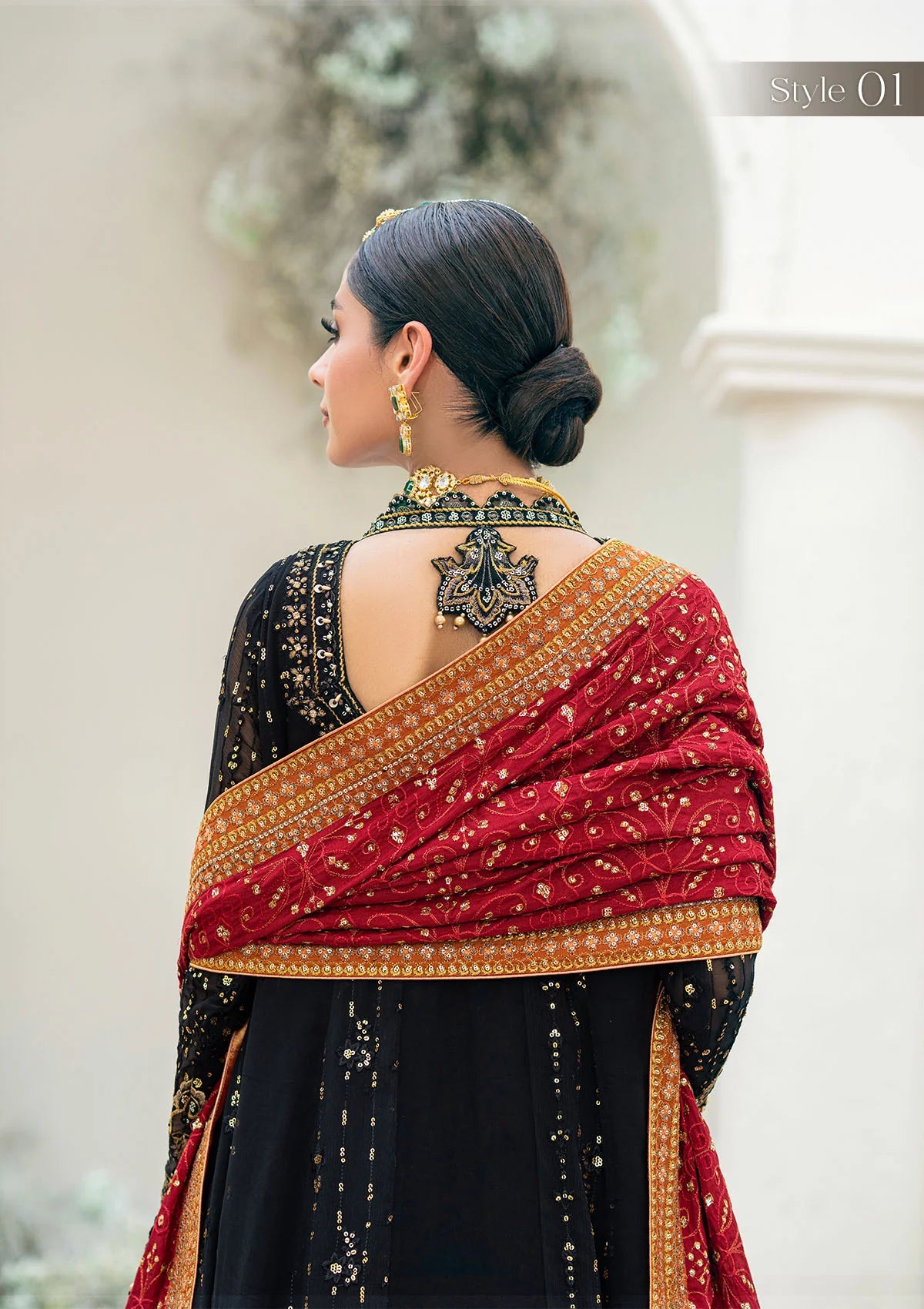 Luxury black chiffon outfit with antique gold embroidery, beadwork, sequins, and a scarlet silk shawl. Includes Angrakha or Kalidar styles options