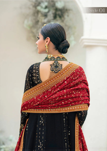 Luxury black chiffon outfit with antique gold embroidery, beadwork, sequins, and a scarlet silk shawl. Includes Angrakha or Kalidar styles options
