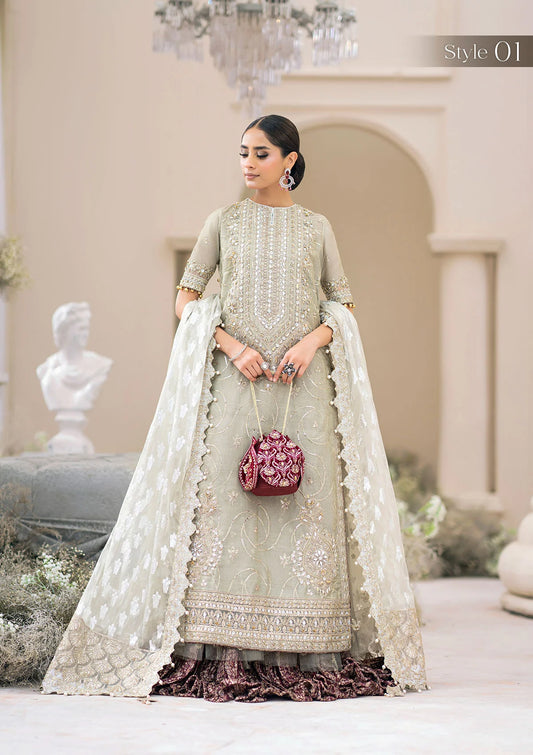 Elegant pearl grey khaadi net ensemble with Ganga-Jamuna neckline, heavy gota work, rococo-inspired motifs, masoori silk pants, and an organza jacquard dupatta.