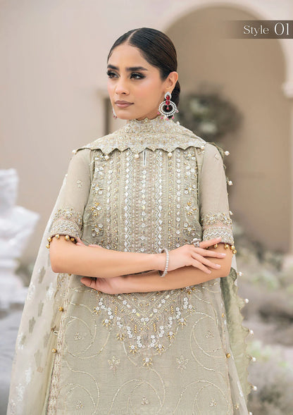 Elegant pearl grey khaadi net ensemble with Ganga-Jamuna neckline, heavy gota work, rococo-inspired motifs, masoori silk pants, and an organza jacquard dupatta.