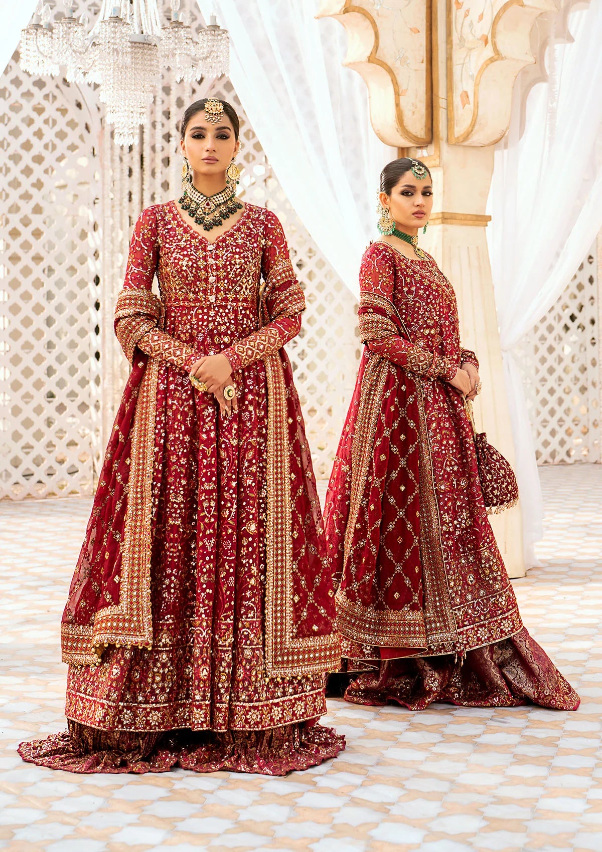 Elegant embroidered chiffon ensemble with embellished bodice, organza and silk neckline finishing, jamawaar pants, and a chiffon dupatta. Styled as kalidaar frock with crushed sharara or angrakha with skirt.