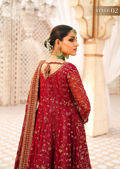 Elegant embroidered chiffon ensemble with embellished bodice, organza and silk neckline finishing, jamawaar pants, and a chiffon dupatta. Styled as kalidaar frock with crushed sharara or angrakha with skirt.