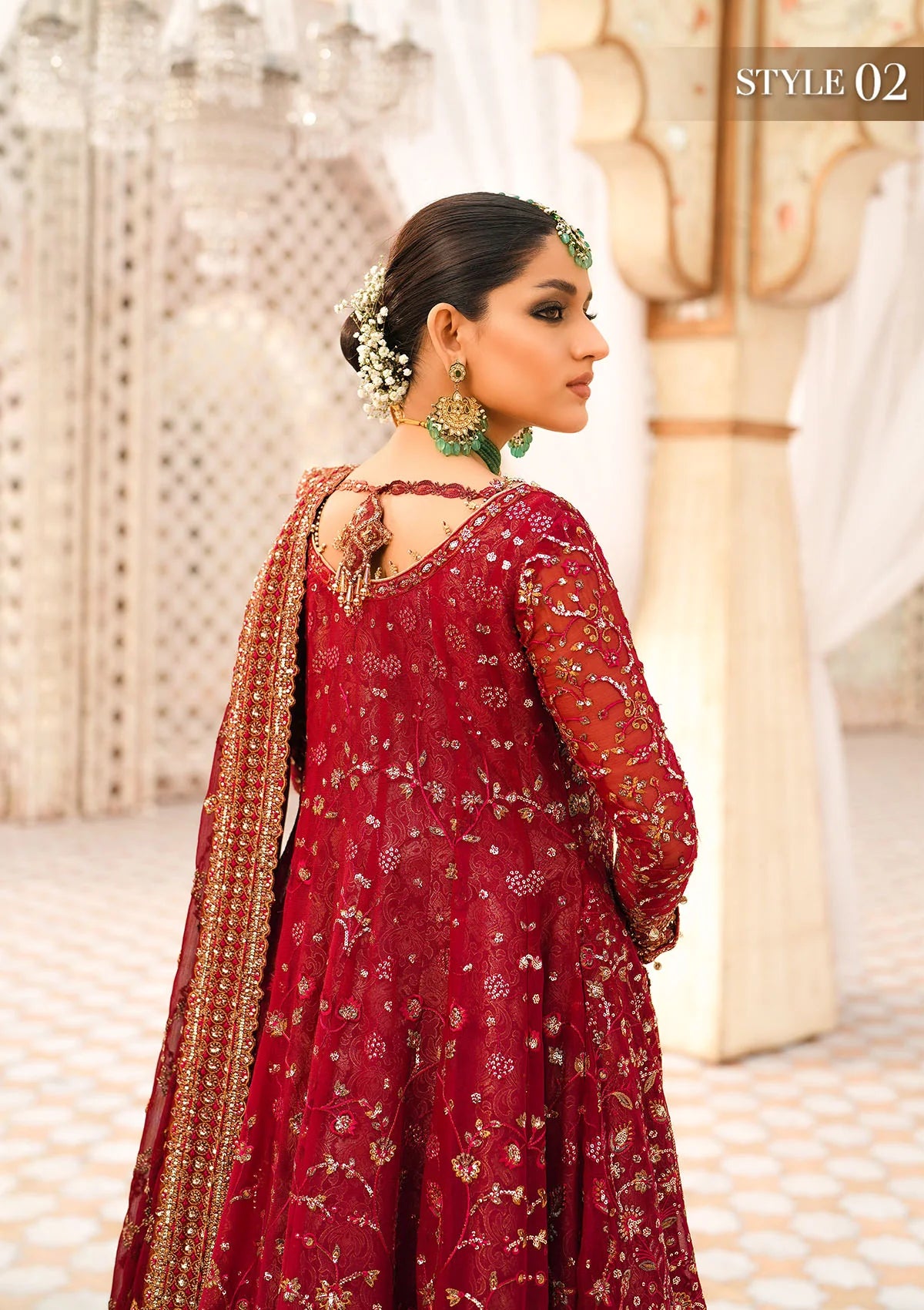 Elegant embroidered chiffon ensemble with embellished bodice, organza and silk neckline finishing, jamawaar pants, and chiffon dupatta. Styled as kalidaar frock with crushed sharara or angrakha with skirt.