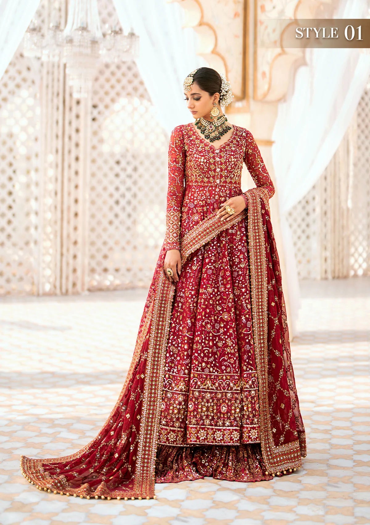 Elegant embroidered chiffon ensemble with embellished bodice, organza and silk neckline finishing, jamawaar pants, and a chiffon dupatta. Styled as kalidaar frock with crushed sharara or angrakha with skirt.