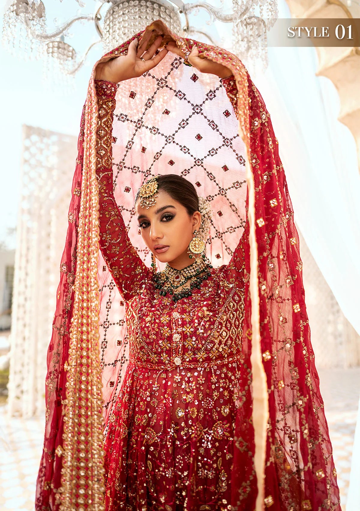 Elegant embroidered chiffon ensemble with embellished bodice, organza and silk neckline finishing, jamawaar pants, and a chiffon dupatta. Styled as kalidaar frock with crushed sharara or angrakha with skirt.