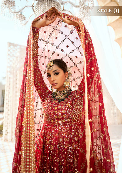 Elegant embroidered chiffon ensemble with embellished bodice, organza and silk neckline finishing, jamawaar pants, and a chiffon dupatta. Styled as kalidaar frock with crushed sharara or angrakha with skirt.