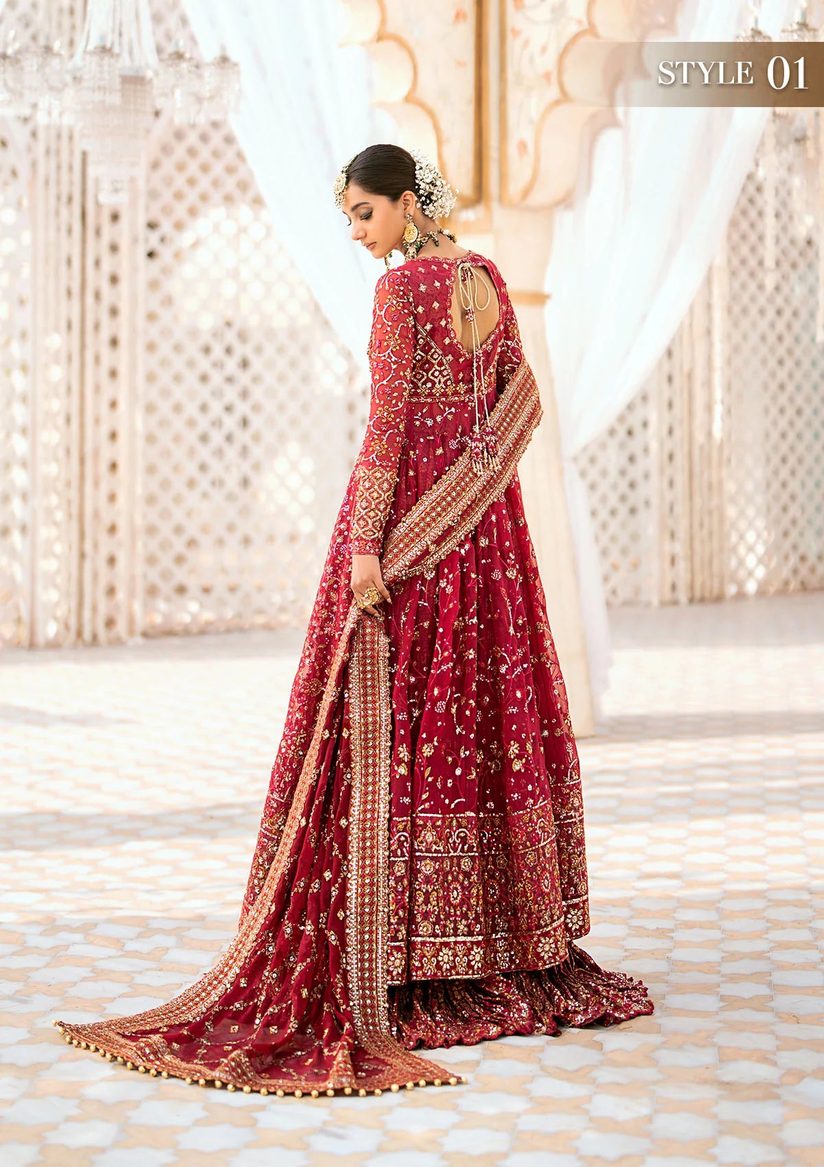 Elegant embroidered chiffon ensemble with embellished bodice, organza and silk neckline finishing, jamawaar pants, and a chiffon dupatta. Styled as kalidaar frock with crushed sharara or angrakha with skirt.
