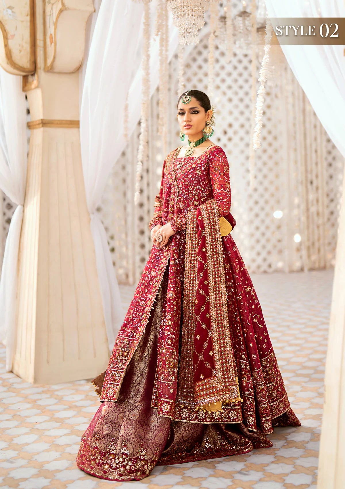 Elegant embroidered chiffon ensemble with embellished bodice, organza and silk neckline finishing, jamawaar pants, and chiffon dupatta. Styled as kalidaar frock with crushed sharara or angrakha with skirt.