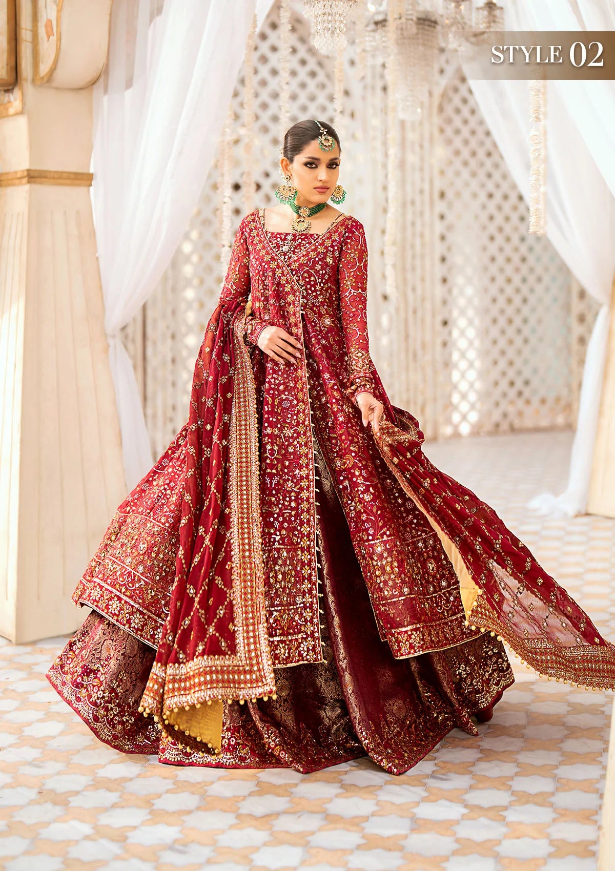Elegant embroidered chiffon ensemble with embellished bodice, organza and silk neckline finishing, jamawaar pants, and a chiffon dupatta. Styled as kalidaar frock with crushed sharara or angrakha with skirt.