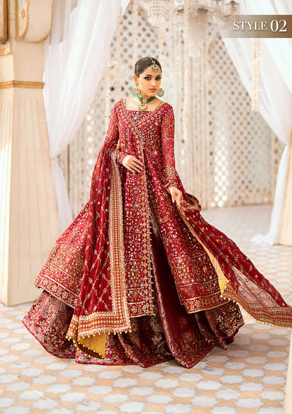 Elegant embroidered chiffon ensemble with embellished bodice, organza and silk neckline finishing, jamawaar pants, and a chiffon dupatta. Styled as kalidaar frock with crushed sharara or angrakha with skirt.