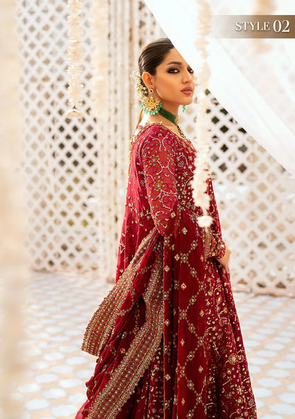 Elegant embroidered chiffon ensemble with embellished bodice, organza and silk neckline finishing, jamawaar pants, and chiffon dupatta. Styled as kalidaar frock with crushed sharara or angrakha with skirt.