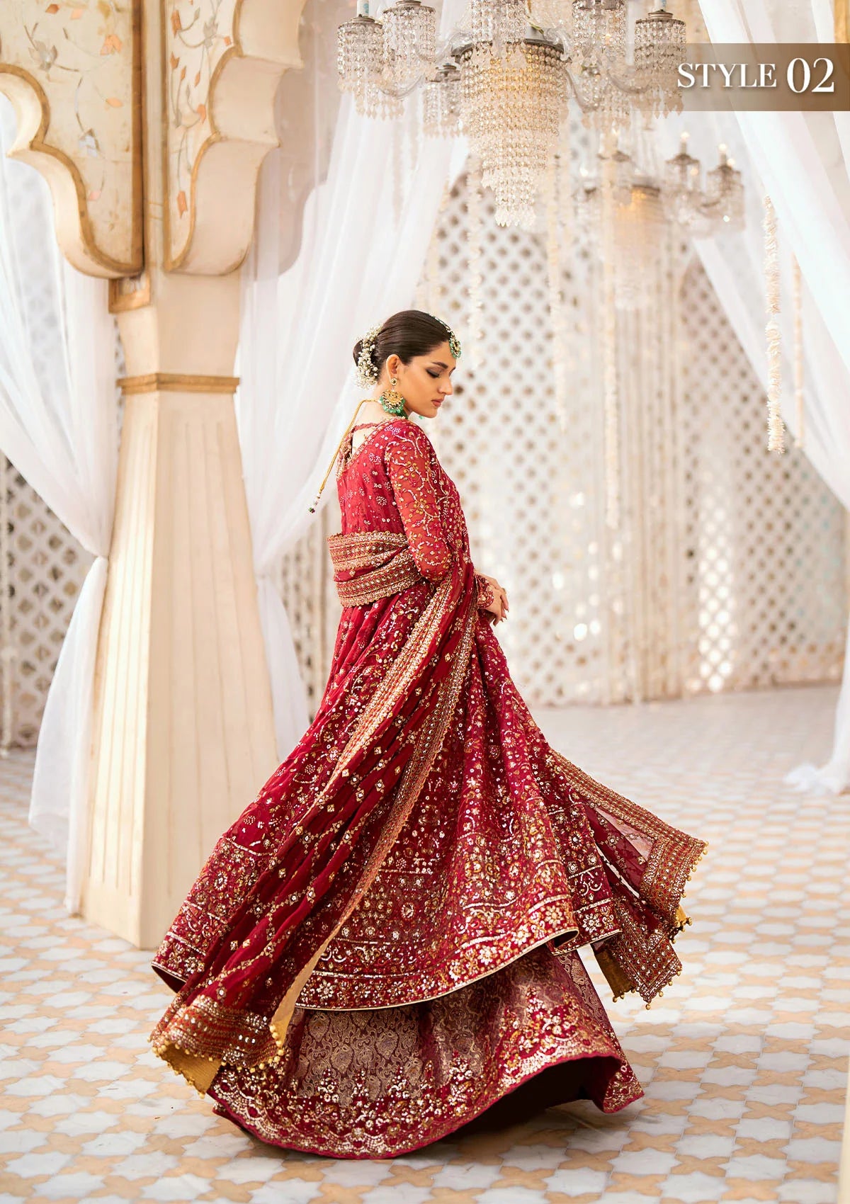 Elegant embroidered chiffon ensemble with embellished bodice, organza and silk neckline finishing, jamawaar pants, and chiffon dupatta. Styled as kalidaar frock with crushed sharara or angrakha with skirt.