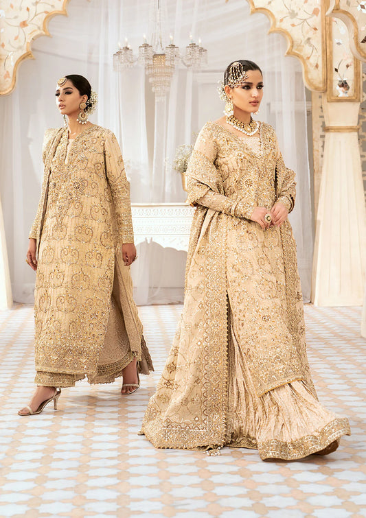 Opulent kundan zari ensemble with embellished neckline, daman patch, rich organza borders, jamawaar pants, and an embroidered zari dupatta. Styled as a long shirt with crushed sharara or izhaar pants.