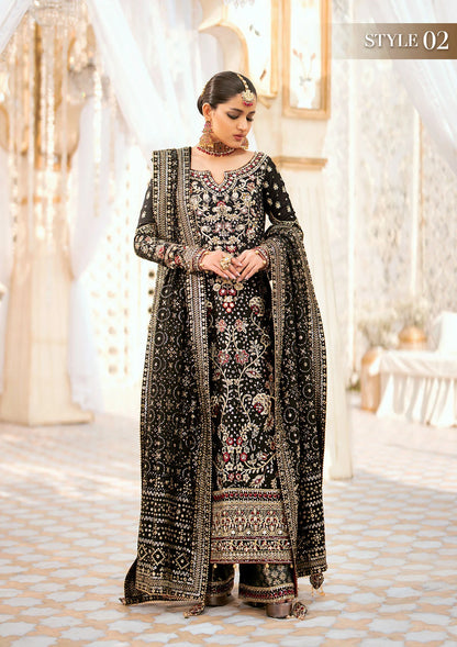 Luxurious medium silk ensemble with intricate embroidery, embellished borders, jamawaar pants, and an embroidered silk dupatta. Styled as a long shirt with gharara or izhaar pants for timeless elegance.