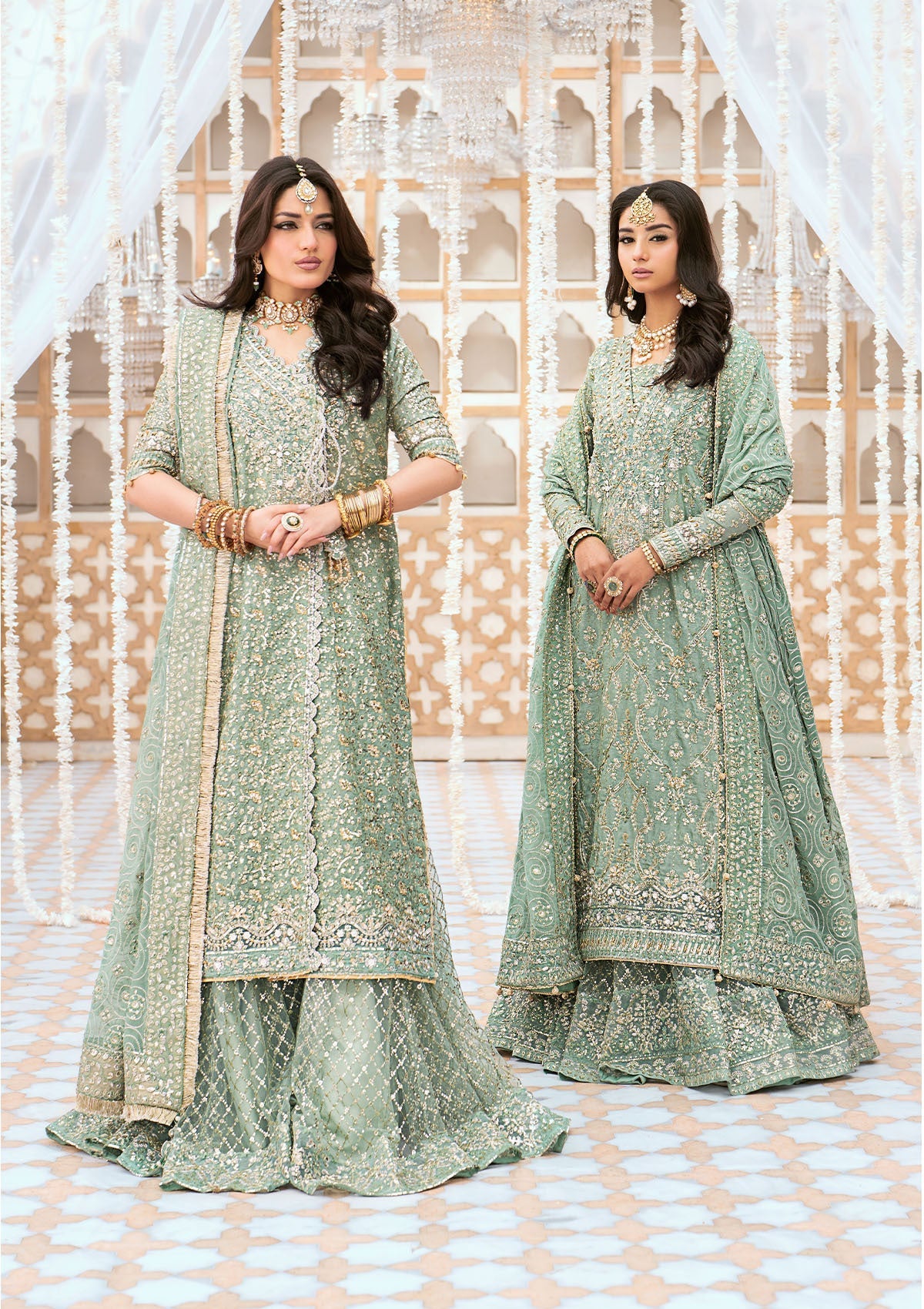 Elegant kundan zari ensemble with embellished organza neckline, detailed borders, masoori silk pants, and a chiffon dupatta. Styled as angrakha with gharara or long shirt with crushed frock.