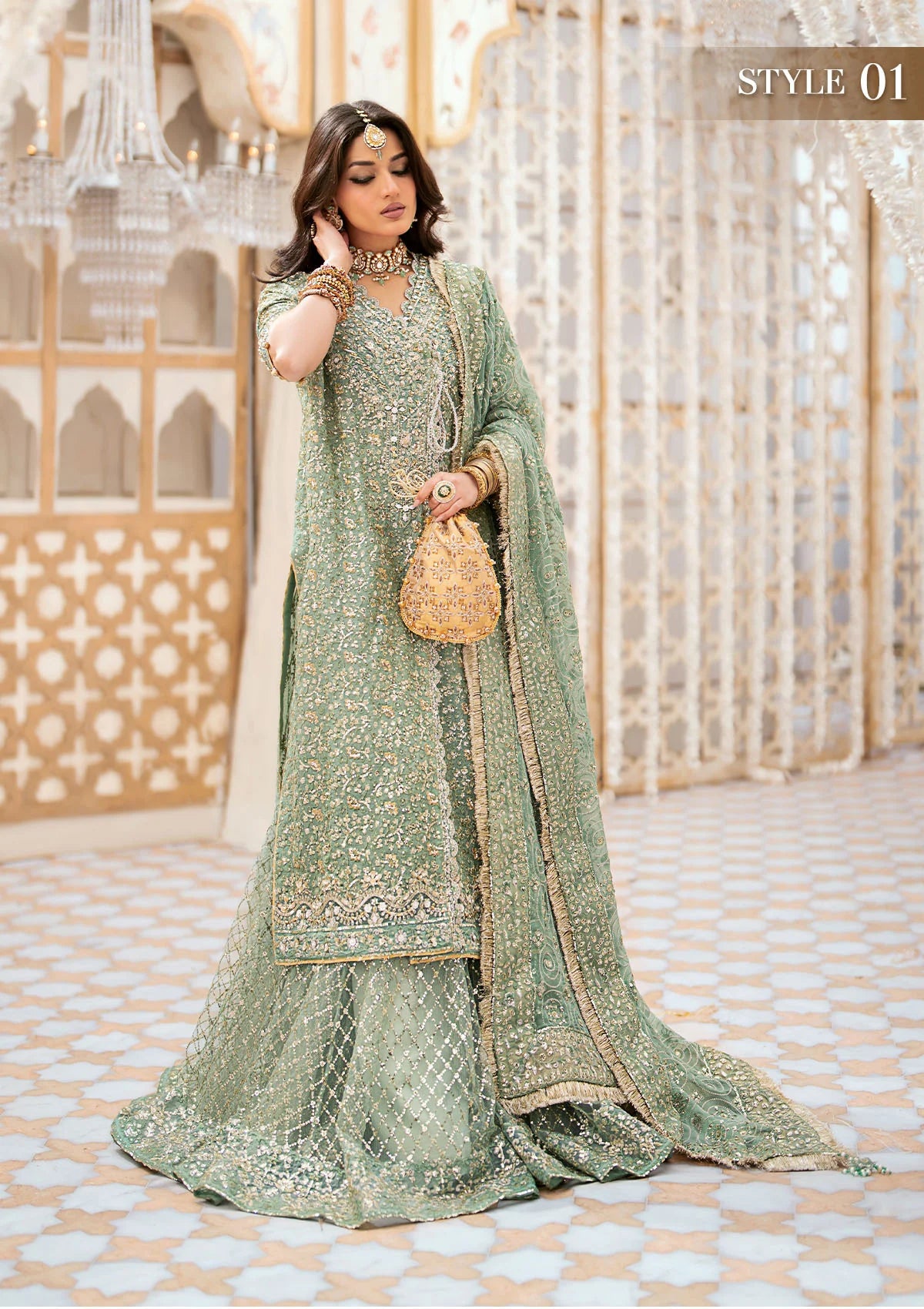 Elegant kundan zari ensemble with embellished organza neckline, detailed borders, masoori silk pants, and a chiffon dupatta. Styled as angrakha with gharara or long shirt with crushed frock.