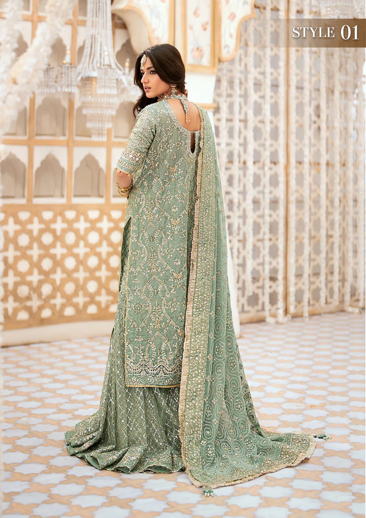Elegant kundan zari ensemble with embellished organza neckline, detailed borders, masoori silk pants, and a chiffon dupatta. Styled as angrakha with gharara or long shirt with crushed frock.
