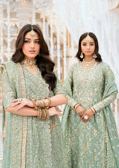 Elegant kundan zari ensemble with embellished organza neckline, detailed borders, masoori silk pants, and a chiffon dupatta. Styled as angrakha with gharara or long shirt with crushed frock.