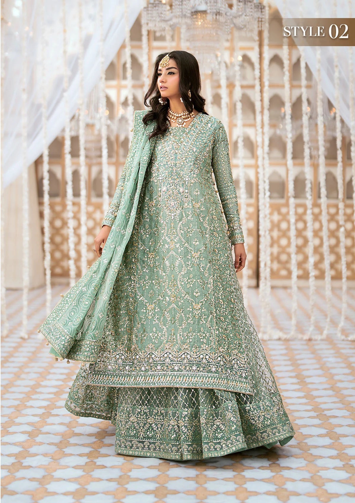 Elegant kundan zari ensemble with embellished organza neckline, detailed borders, masoori silk pants, and a chiffon dupatta. Styled as angrakha with gharara or long shirt with crushed frock.