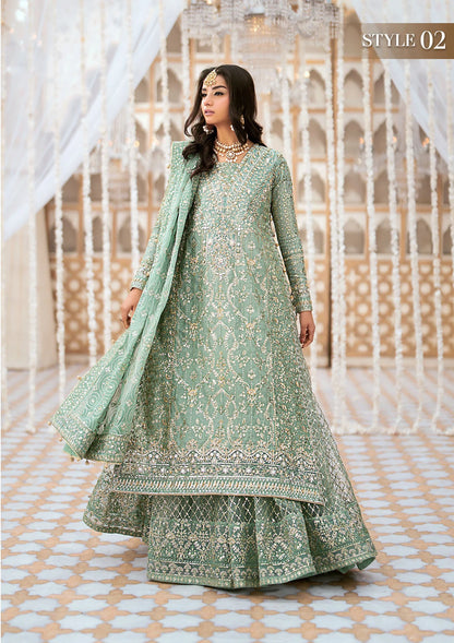 Elegant kundan zari ensemble with embellished organza neckline, detailed borders, masoori silk pants, and a chiffon dupatta. Styled as angrakha with gharara or long shirt with crushed frock.