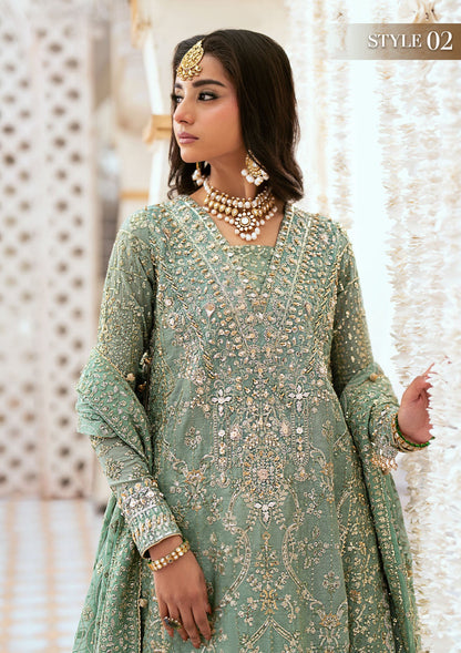 Elegant kundan zari ensemble with embellished organza neckline, detailed borders, masoori silk pants, and a chiffon dupatta. Styled as angrakha with gharara or long shirt with crushed frock.