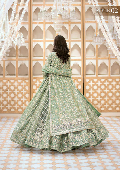 Elegant kundan zari ensemble with embellished organza neckline, detailed borders, masoori silk pants, and a chiffon dupatta. Styled as angrakha with gharara or long shirt with crushed frock.