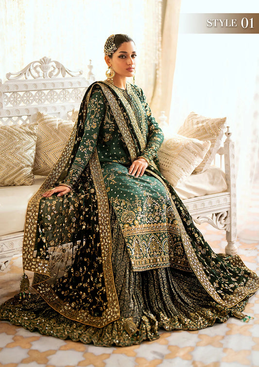 Elegant medium silk suit with rich embroidery, organza borders, jamawaar pants, and a chiffon dupatta. Styled with crushed sharara or classic gharara.