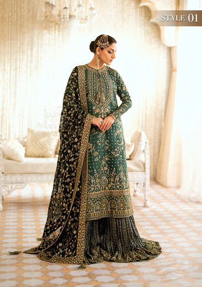 Elegant medium silk suit with rich embroidery, organza borders, jamawaar pants, and a chiffon dupatta. Styled with crushed sharara or classic gharara.