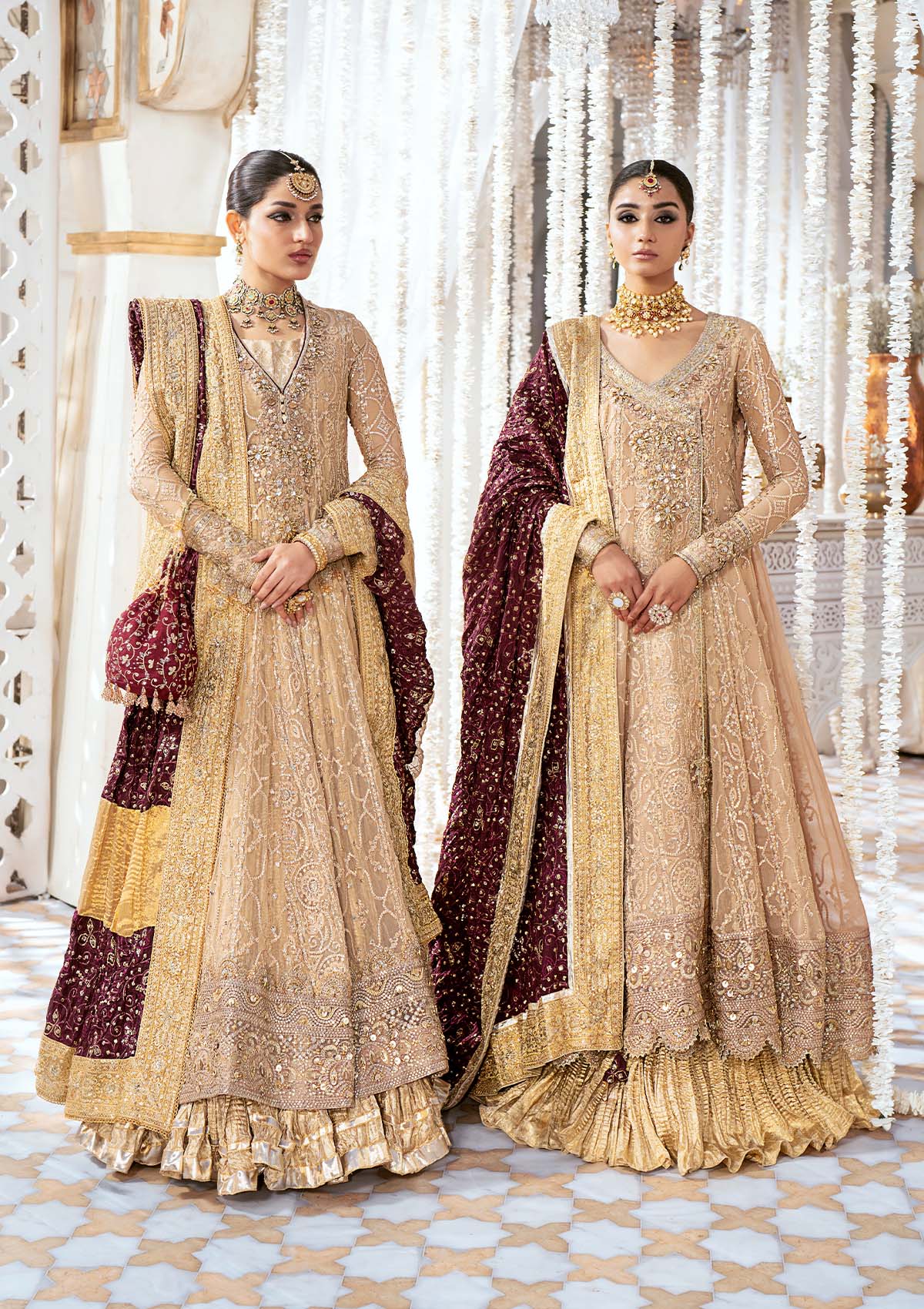 Graceful embroidered chiffon ensemble with embellished organza neckline, rich borders, jamawaar pants, and a medium silk dupatta. Styled as kalidaar frock with crushed frock or angrakha with crushed skirt.