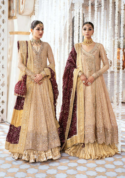 Graceful embroidered chiffon ensemble with embellished organza neckline, rich borders, jamawaar pants, and a medium silk dupatta. Styled as kalidaar frock with crushed frock or angrakha with crushed skirt.