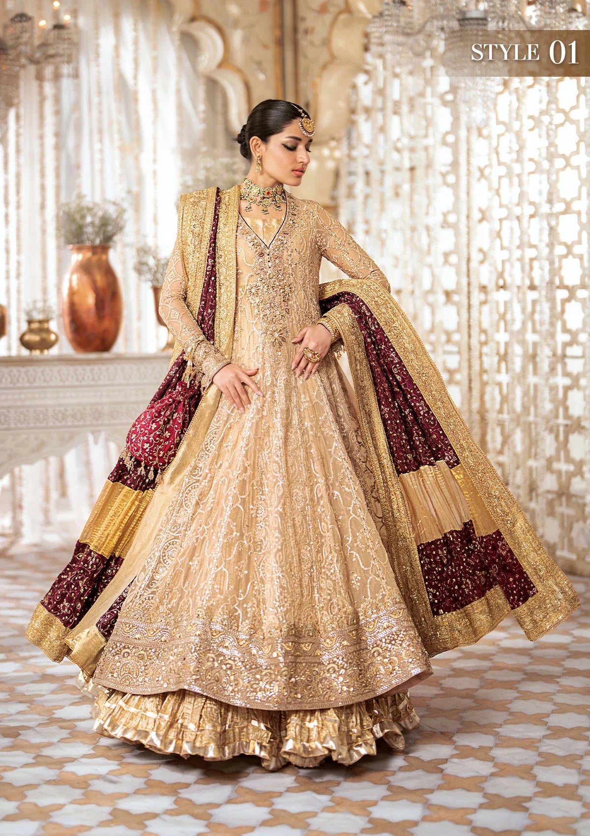 Graceful embroidered chiffon ensemble with embellished organza neckline, rich borders, jamawaar pants, and a medium silk dupatta. Styled as kalidaar frock with crushed frock or angrakha with crushed skirt.