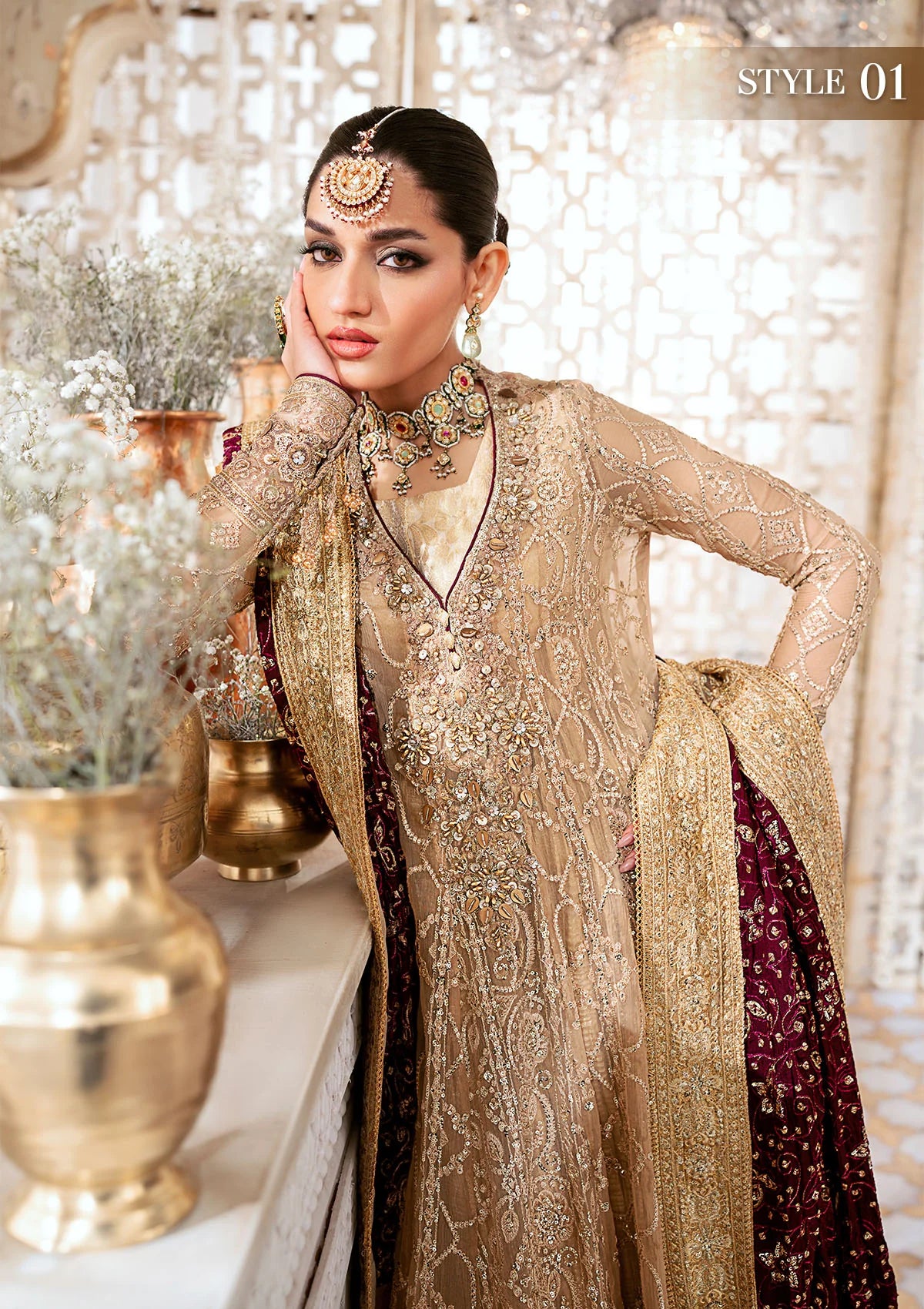 Graceful embroidered chiffon ensemble with embellished organza neckline, rich borders, jamawaar pants, and a medium silk dupatta. Styled as kalidaar frock with crushed frock or angrakha with crushed skirt.