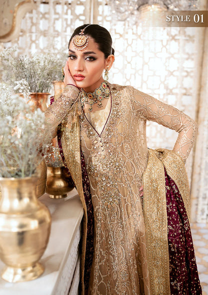Graceful embroidered chiffon ensemble with embellished organza neckline, rich borders, jamawaar pants, and a medium silk dupatta. Styled as kalidaar frock with crushed frock or angrakha with crushed skirt.