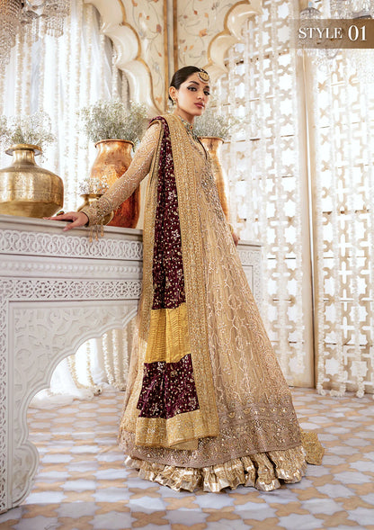 Graceful embroidered chiffon ensemble with embellished organza neckline, rich borders, jamawaar pants, and a medium silk dupatta. Styled as kalidaar frock with crushed frock or angrakha with crushed skirt.