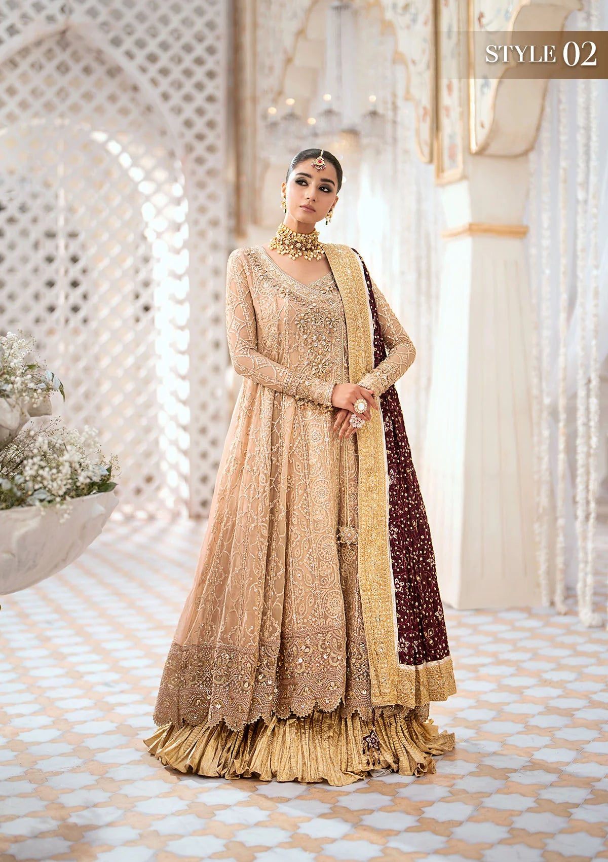 Graceful embroidered chiffon ensemble with embellished organza neckline, rich borders, jamawaar pants, and a medium silk dupatta. Styled as kalidaar frock with crushed frock or angrakha with crushed skirt.