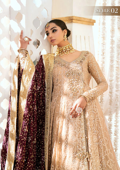 Graceful embroidered chiffon ensemble with embellished organza neckline, rich borders, jamawaar pants, and a medium silk dupatta. Styled as kalidaar frock with crushed frock or angrakha with crushed skirt.