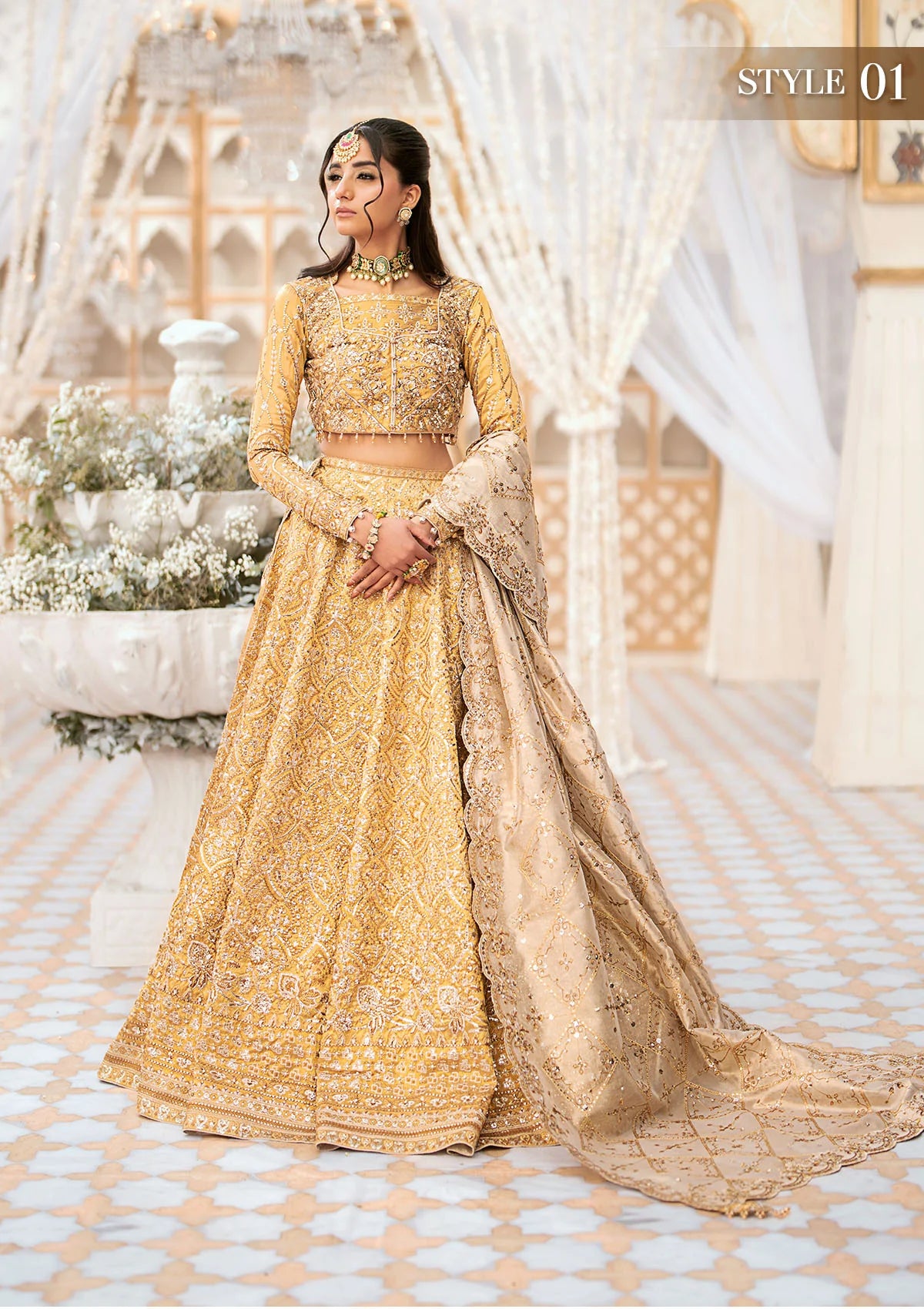 Luxurious tissue ensemble with embellished bodice, neck jaal, rich borders, jamawaar pants, and a contrast tissue dupatta. Styled as blouse with lehnga or kalidaar frock with crushed skirt.