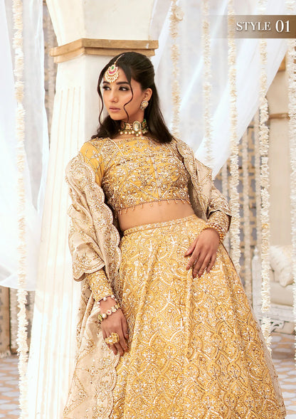 Luxurious tissue ensemble with embellished bodice, neck jaal, rich borders, jamawaar pants, and a contrast tissue dupatta. Styled as blouse with lehnga or kalidaar frock with crushed skirt.