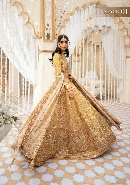 Luxurious tissue ensemble with embellished bodice, neck jaal, rich borders, jamawaar pants, and a contrast tissue dupatta. Styled as blouse with lehnga or kalidaar frock with crushed skirt.