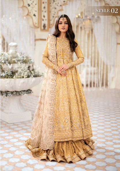 Luxurious tissue ensemble with embellished bodice, neck jaal, rich borders, jamawaar pants, and a contrast tissue dupatta. Styled as blouse with lehnga or kalidaar frock with crushed skirt.
