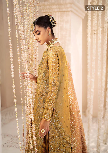 Opulent kundan zari ensemble with rich embroidery, tissue borders, masoori silk pants, and an embroidered tissue dupatta. Styled as a long shirt with crushed frock or farshi gharara for regal elegance.