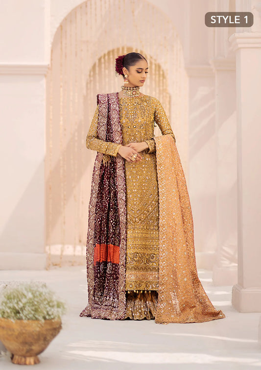Opulent kundan zari ensemble with rich embroidery, tissue borders, masoori silk pants, and an embroidered tissue dupatta. Styled as a long shirt with crushed frock or farshi gharara for regal elegance.