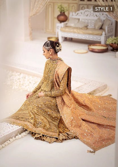 Opulent kundan zari ensemble with rich embroidery, tissue borders, masoori silk pants, and an embroidered tissue dupatta. Styled as a long shirt with crushed frock or farshi gharara for regal elegance.