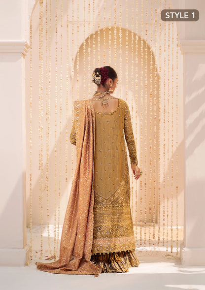 Opulent kundan zari ensemble with rich embroidery, tissue borders, masoori silk pants, and an embroidered tissue dupatta. Styled as a long shirt with crushed frock or farshi gharara for regal elegance.