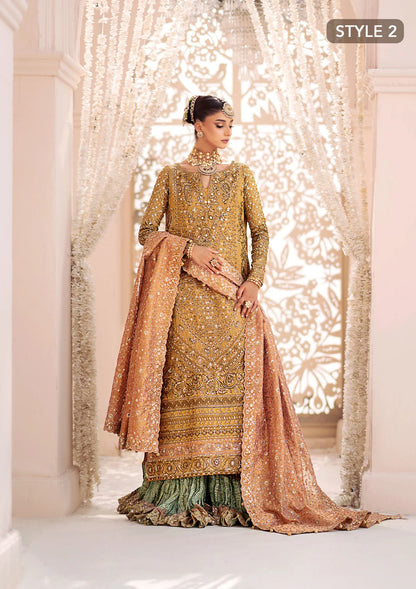 Opulent kundan zari ensemble with rich embroidery, tissue borders, masoori silk pants, and an embroidered tissue dupatta. Styled as a long shirt with crushed frock or farshi gharara for regal elegance.