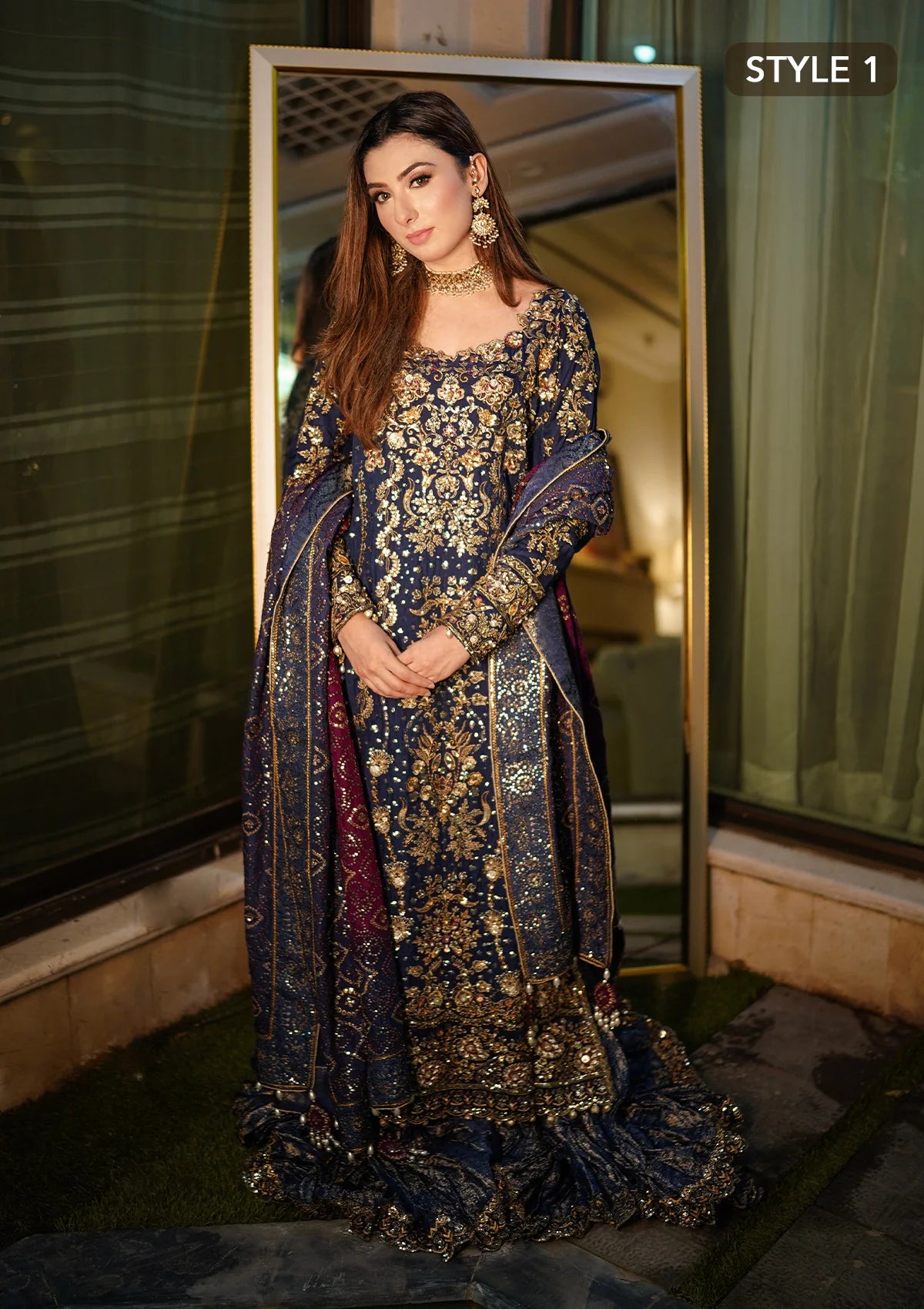 Luxurious medium silk outfit with rich embroidery, organza borders, jamawaar pants, and an embroidered silk dupatta. Styled as gharara or izhaar pants.
